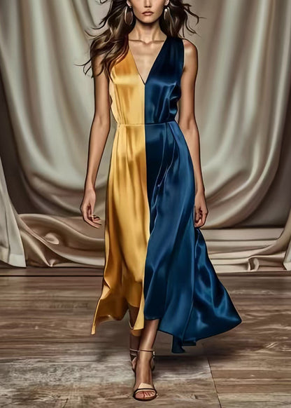 Colorblock Asymmetrical Patchwork Draping Silk Long Dress Summer