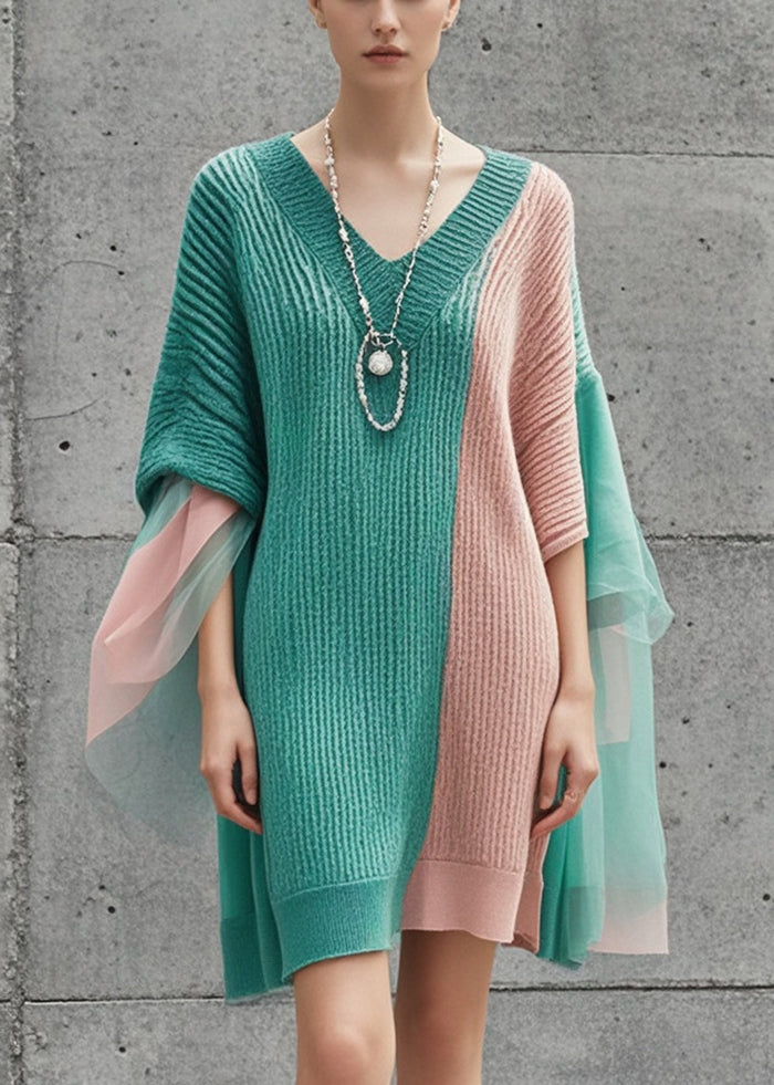 Colorblock Asymmetrical Patchwork Knit Sweater Dress Fall