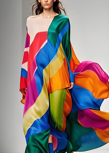Colorblock Asymmetrical Patchwork Silk Maxi Dresses Long Sleeve