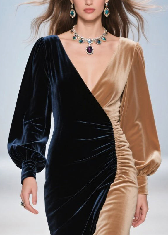 Colorblock Asymmetrical Patchwork Silk Velvet Dinner Dress Spring