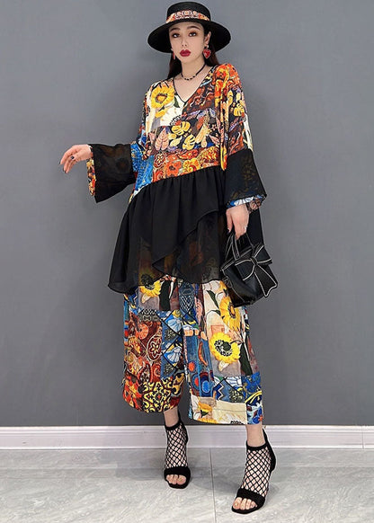 Colorblock Asymmetrical Print Tulle Patchwork Tops and Pants Two Piece Set Clothing Long Sleeve