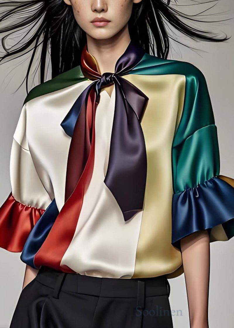Colorblock Bow Patchwork Silk Shirts Summer