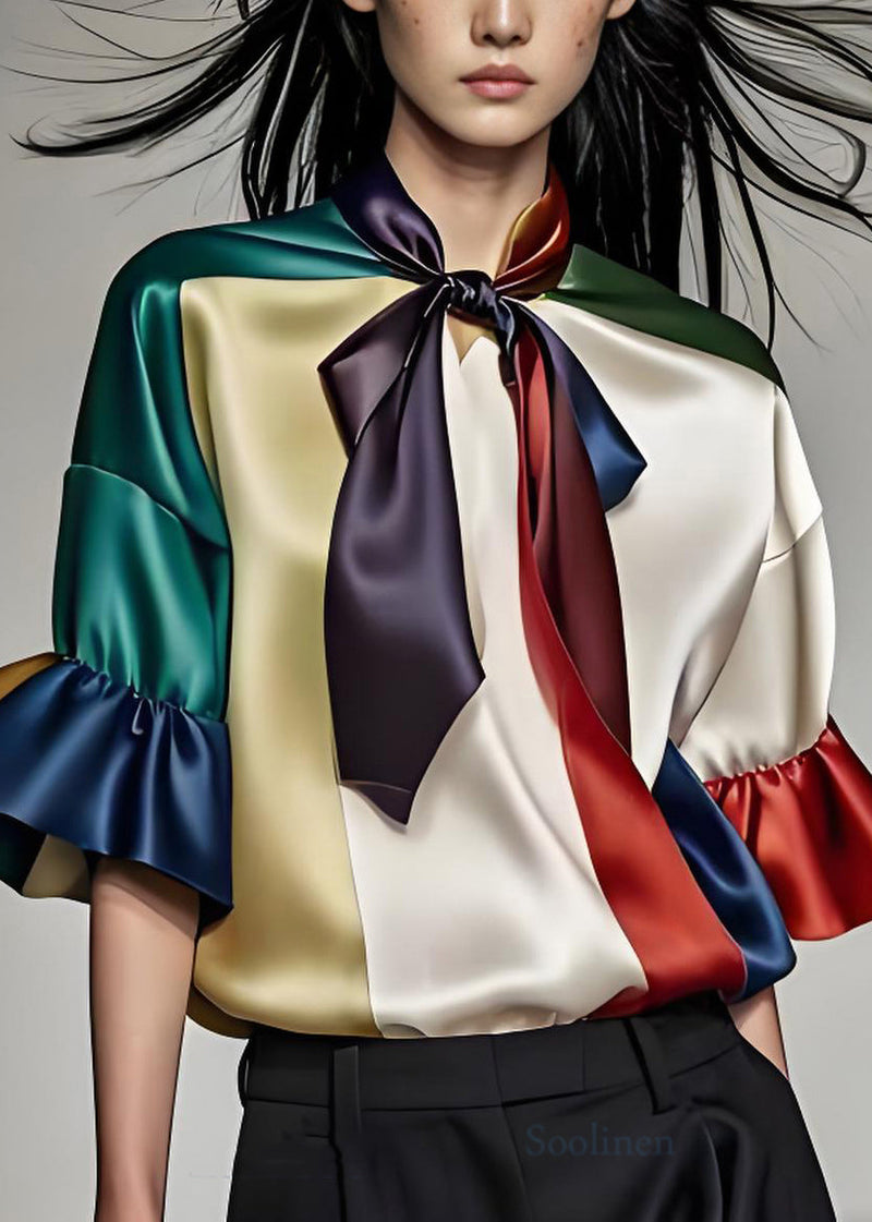 Colorblock Bow Patchwork Silk Shirts Summer