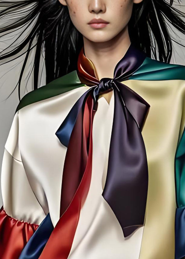 Colorblock Bow Patchwork Silk Shirts Summer