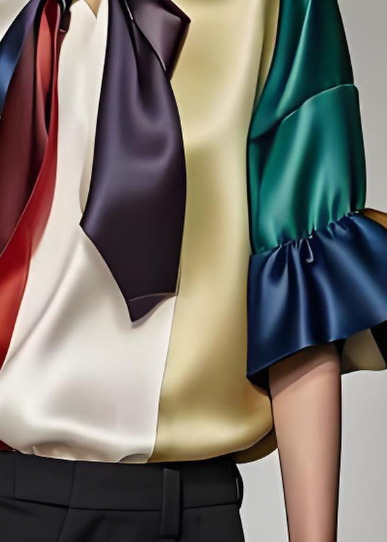 Colorblock Bow Patchwork Silk Shirts Summer