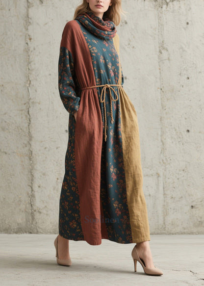 Colorblock Cinched Print Cotton Robe Dresses Fall
