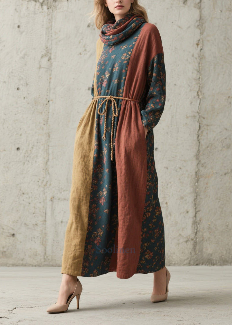Colorblock Cinched Print Cotton Robe Dresses Fall