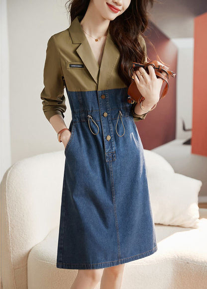 Colorblock Drawstring Pockets Patchwork Dresses Long Sleeve
