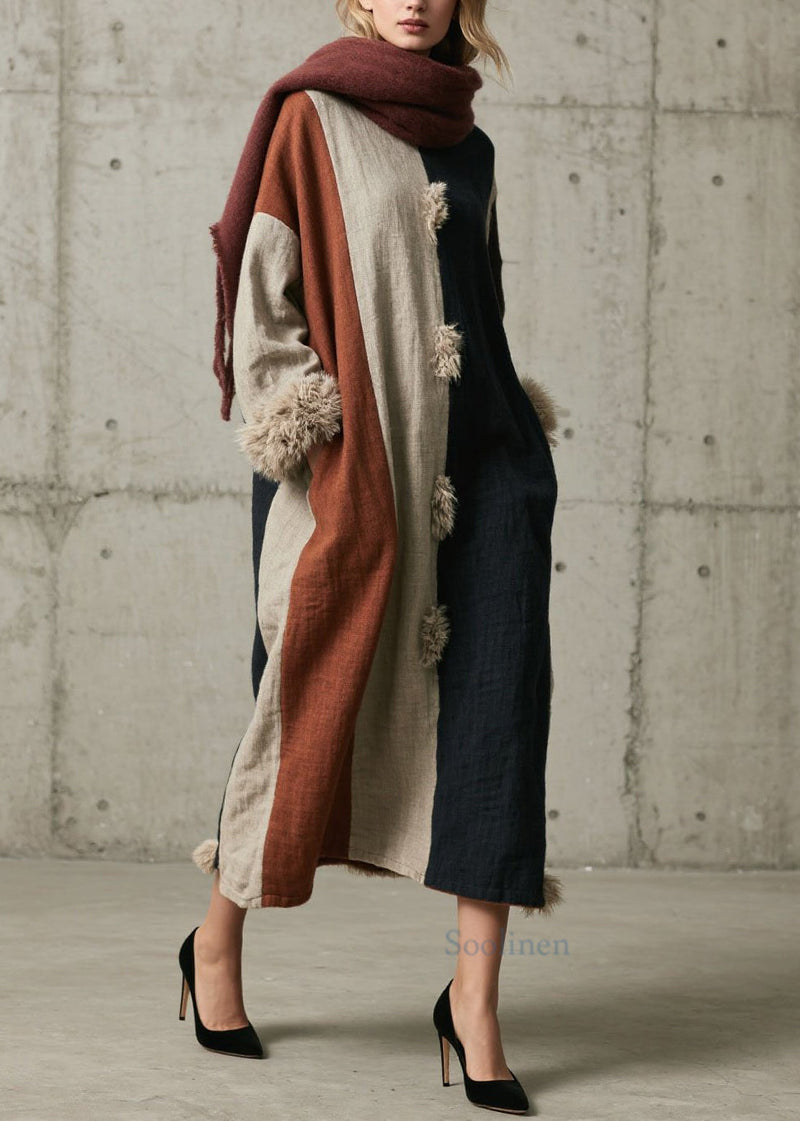 Colorblock Fuzzy Fur Fluffy Patchwork Cotton Dress Fall