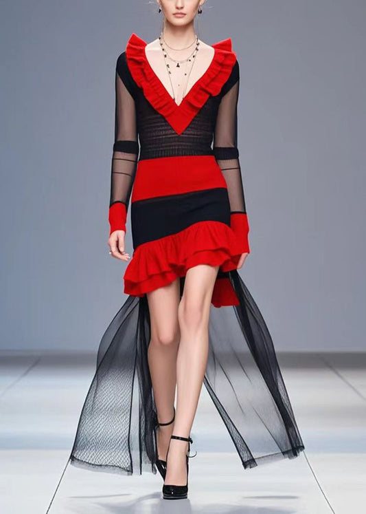Colorblock Heart-shaped Neck Patchwork Tulle Knitted Dress Fall