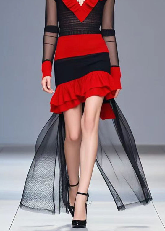 Colorblock Heart-shaped Neck Patchwork Tulle Knitted Dress Fall