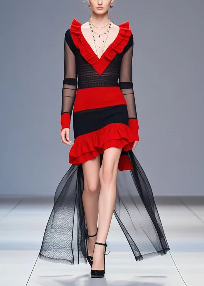 Colorblock Heart-shaped Neck Patchwork Tulle Knitted Dress Fall