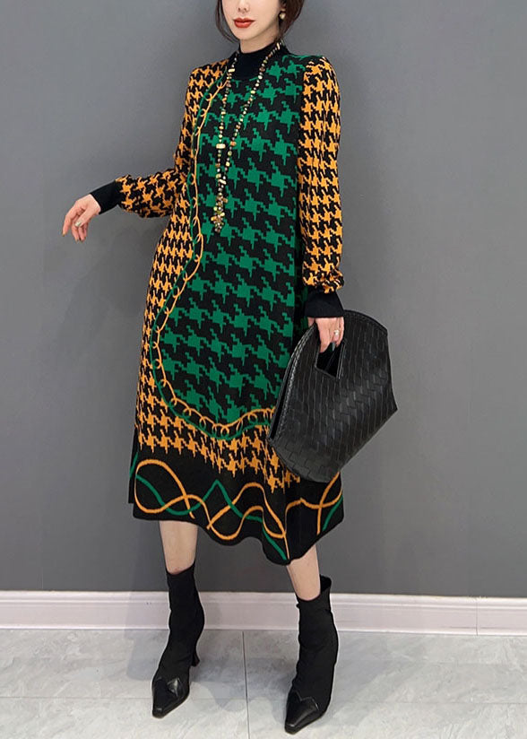 Colorblock Hign Neck Original Design Plaid Long Knit Dress Winter