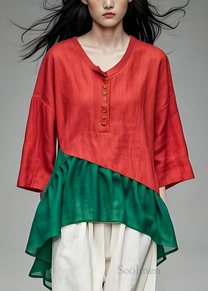 Colorblock Low High Design Cotton Top Bracelet Sleeve