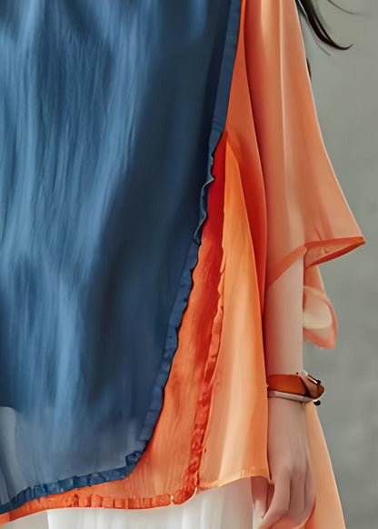 Colorblock O Neck Asymmetrical Design Cotton Top Summer