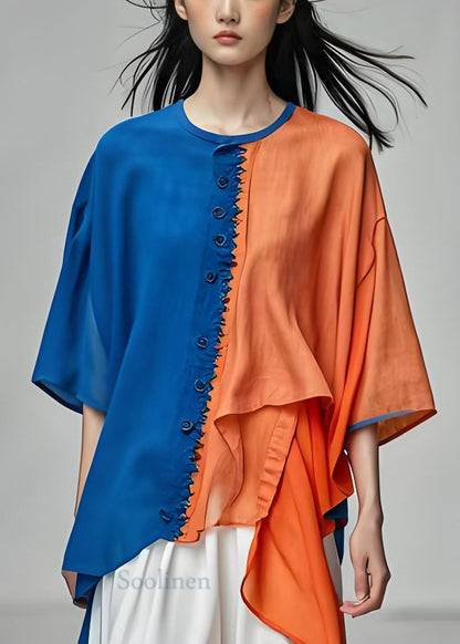 Colorblock O-neck Asymmetrical Patchwork Cotton Top Summer