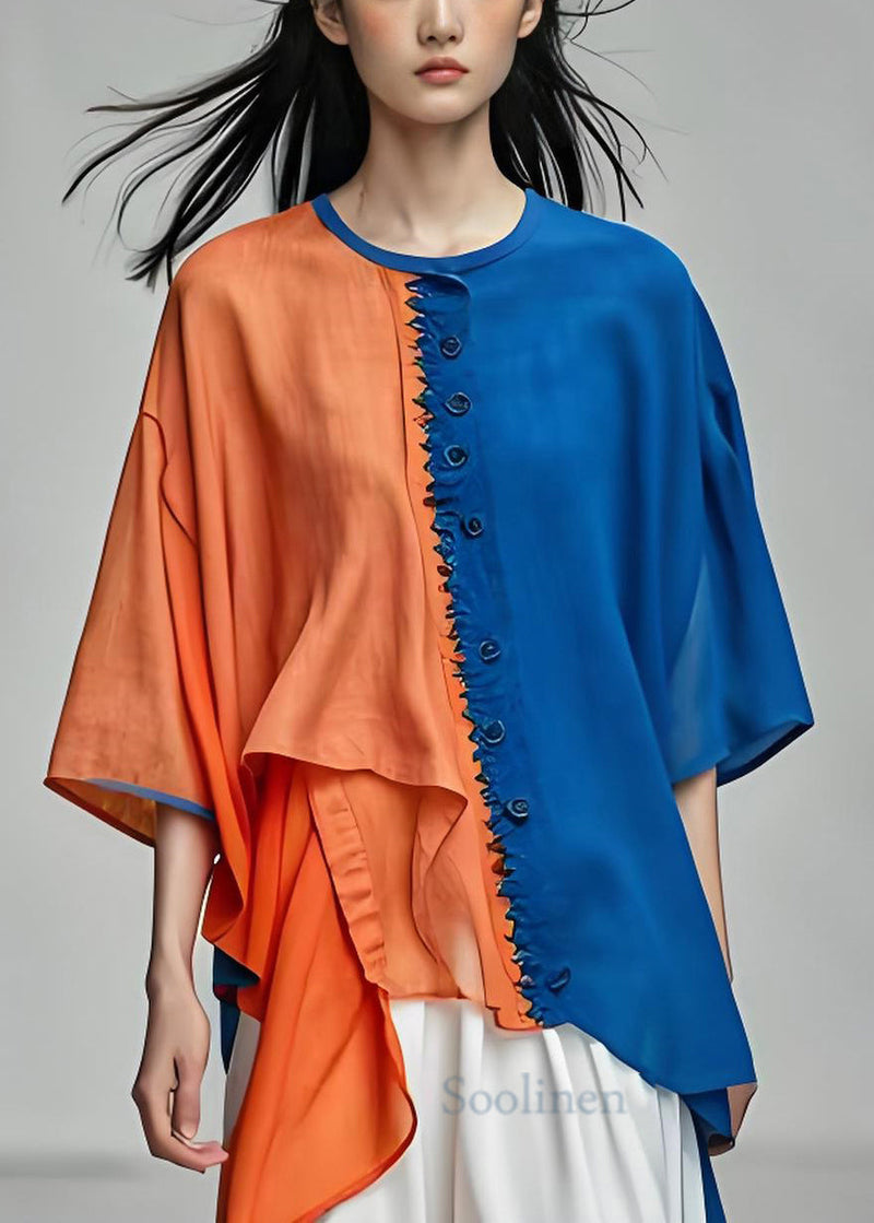 Colorblock O-neck Asymmetrical Patchwork Cotton Top Summer