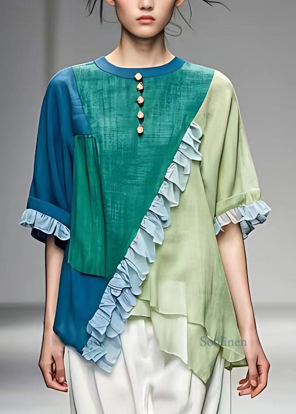 Colorblock O-neck Asymmetrical Ruffled Button Top Short Sleeve