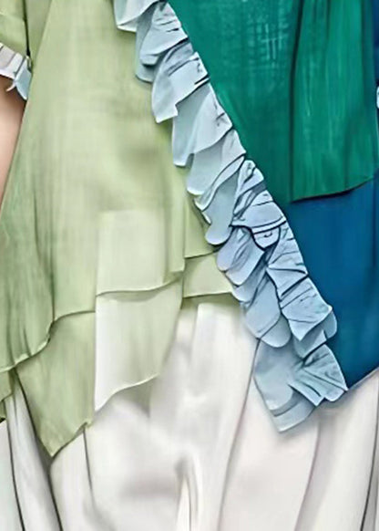 Colorblock O-neck Asymmetrical Ruffled Button Top Short Sleeve