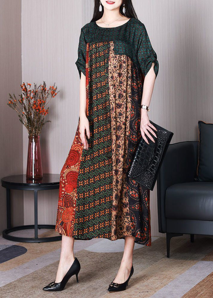 Colorblock O-neck Oversized Patchwork Silk Dresses Summer