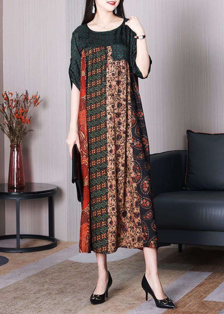 Colorblock O-neck Oversized Patchwork Silk Dresses Summer