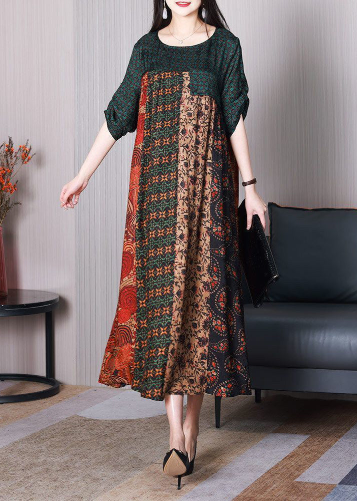 Colorblock O-neck Oversized Patchwork Silk Dresses Summer