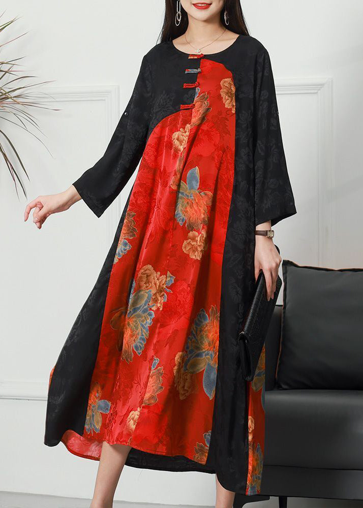 Colorblock O-neck Patchwork Chinese Button Jacquard Silk Long Dress Spring