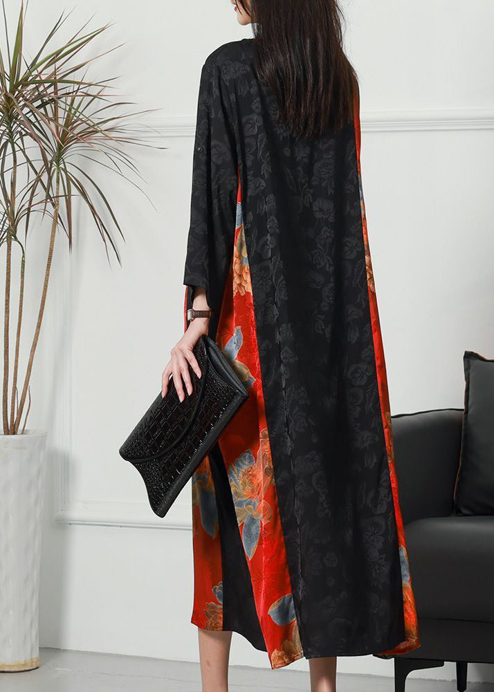 Colorblock O-neck Patchwork Chinese Button Jacquard Silk Long Dress Spring