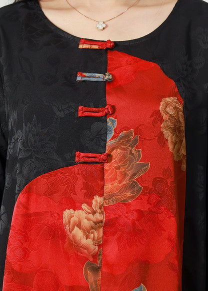 Colorblock O-neck Patchwork Chinese Button Jacquard Silk Long Dress Spring