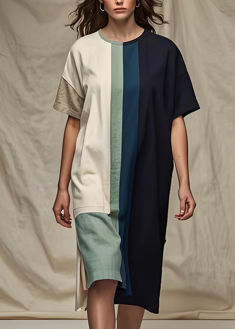 Colorblock O Neck Patchwork Cotton Dress Summer