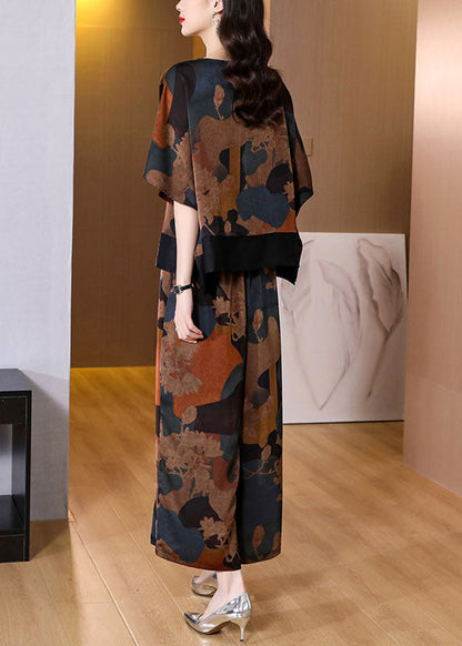 Colorblock O-neck Patchwork Silk Top and Crop Pants Two Pieces Set Batwing Sleeve