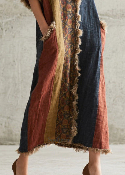 Colorblock Oversized Patchwork Faux Fur Maxi Dresses Half Sleeve