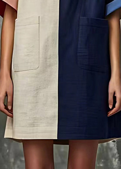 Colorblock Oversized Patchwork Pockets Linen Dress Summer