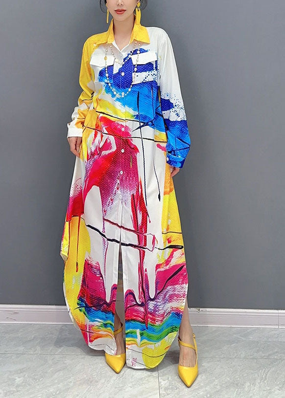 Colorblock Peter Pan Collar Print Button Maxi Shirts Dress Fall