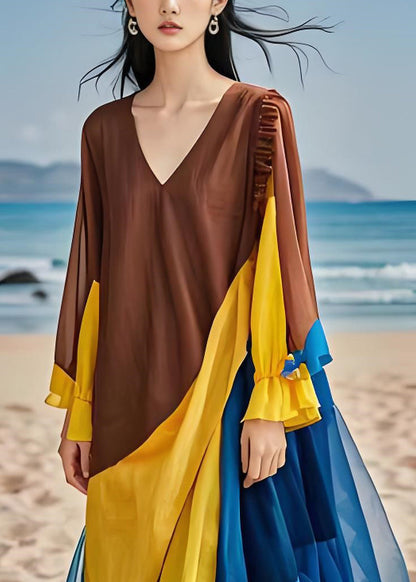 Colorblock Ruffled Chiffon Patchwork Cotton Dress Long Sleeves