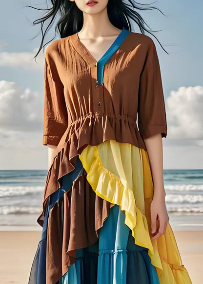 Colorblock Ruffled Chiffon Patchwork Cotton Dress Summer