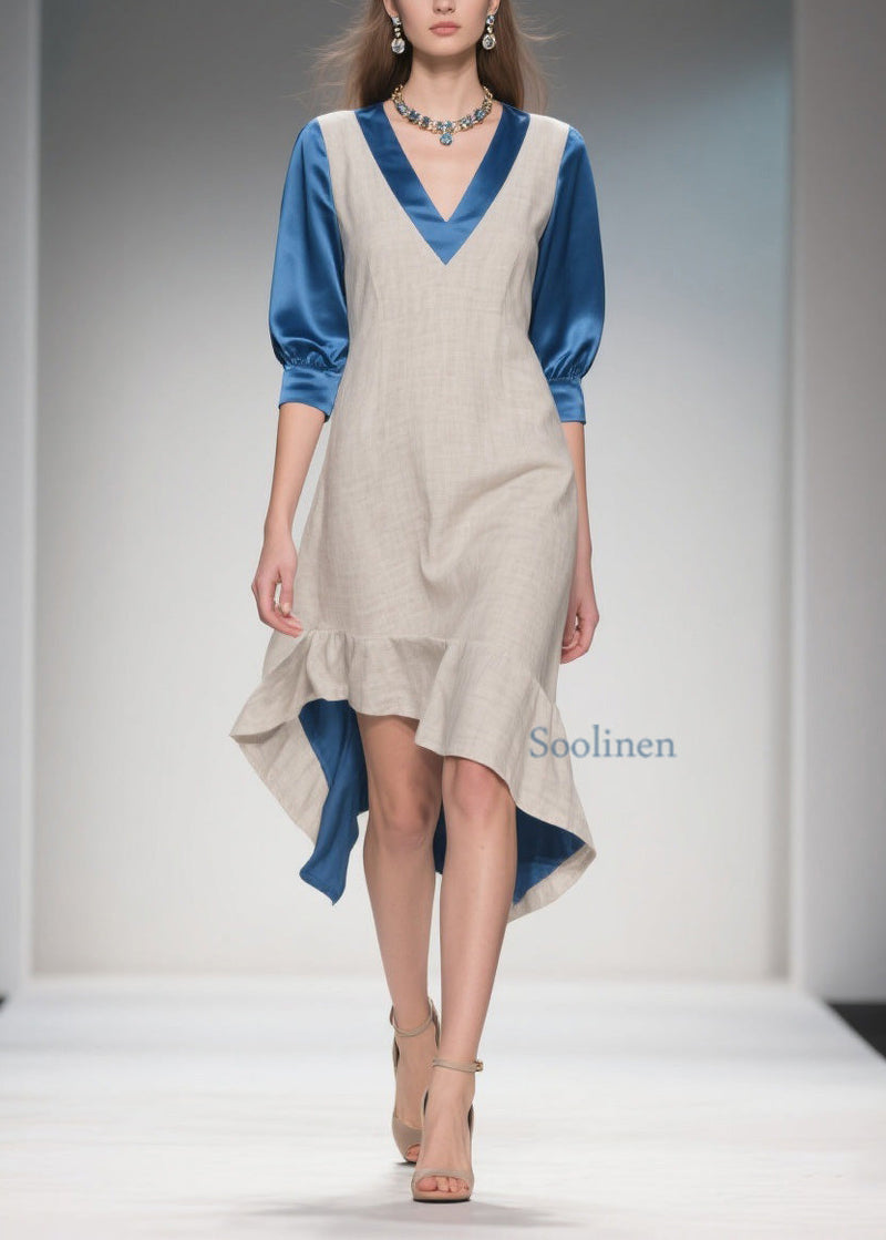 Colorblock Ruffled Patchwork Linen Silk Dress Summer