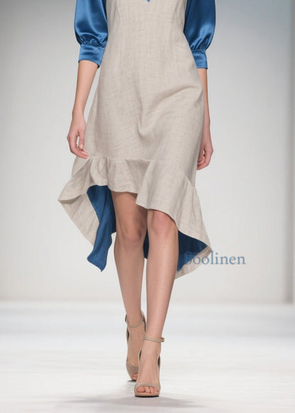 Colorblock Ruffled Patchwork Linen Silk Dress Summer
