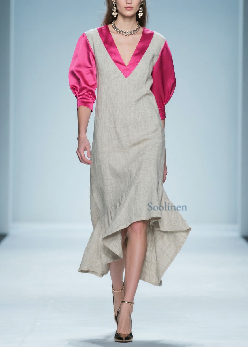 Colorblock Ruffled Patchwork Linen Silk Long Dress Summer
