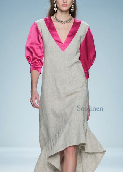 Colorblock Ruffled Patchwork Linen Silk Long Dress Summer