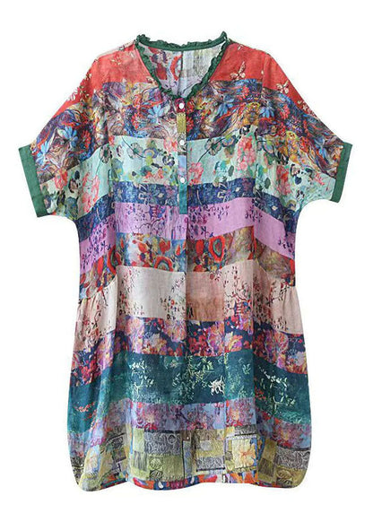 Colorblock Ruffled Print Patchwork Cotton Shirt Top Half Sleeve