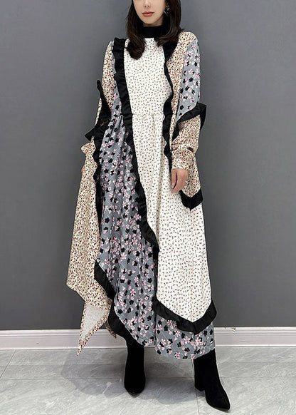 Colorblock Stand Collar Asymmetrical Patchwork Ruffles Long Dress Fall