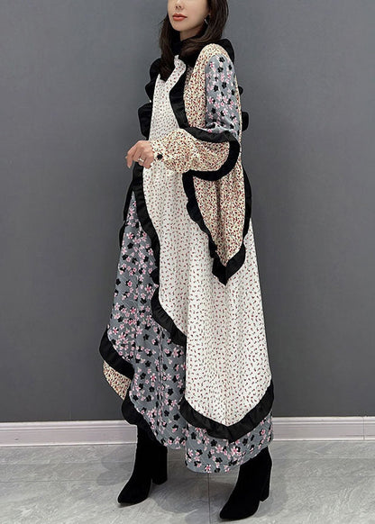 Colorblock Stand Collar Asymmetrical Patchwork Ruffles Long Dress Fall