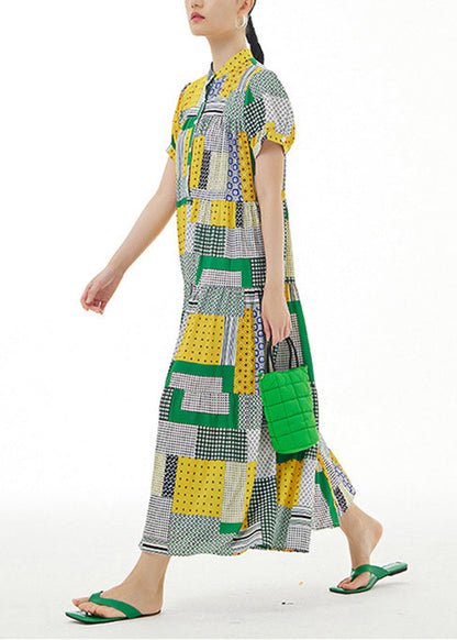 Colorblock Stand Collar Print Exra Large Hem Cotton Long Dresses Summer