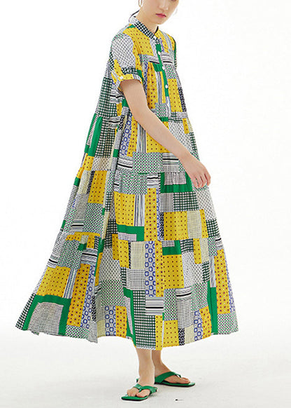 Colorblock Stand Collar Print Exra Large Hem Cotton Long Dresses Summer