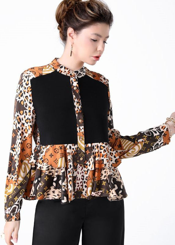 Colorblock Stand Collar Ruffled Print Patchwork Silk Shirts Spring