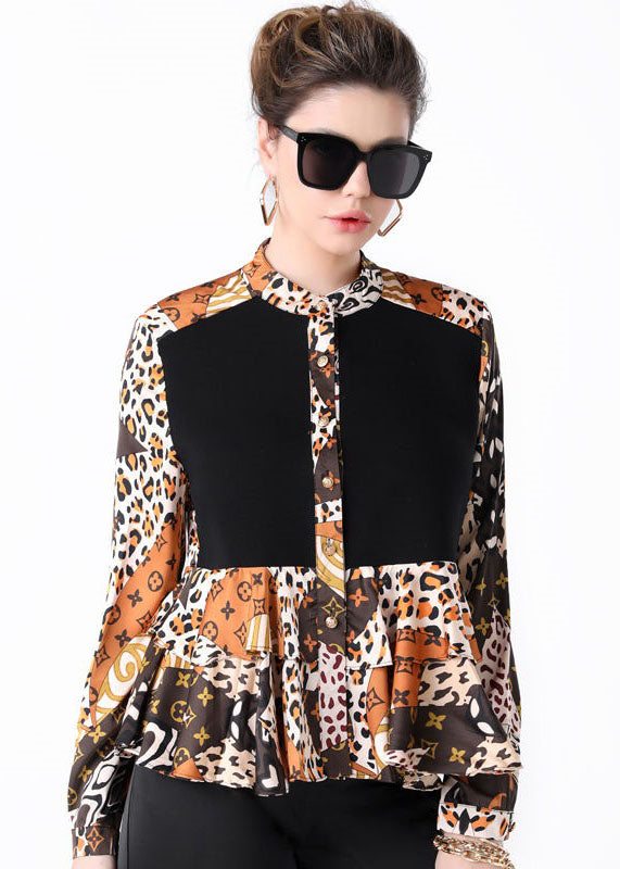 Colorblock Stand Collar Ruffled Print Patchwork Silk Shirts Spring
