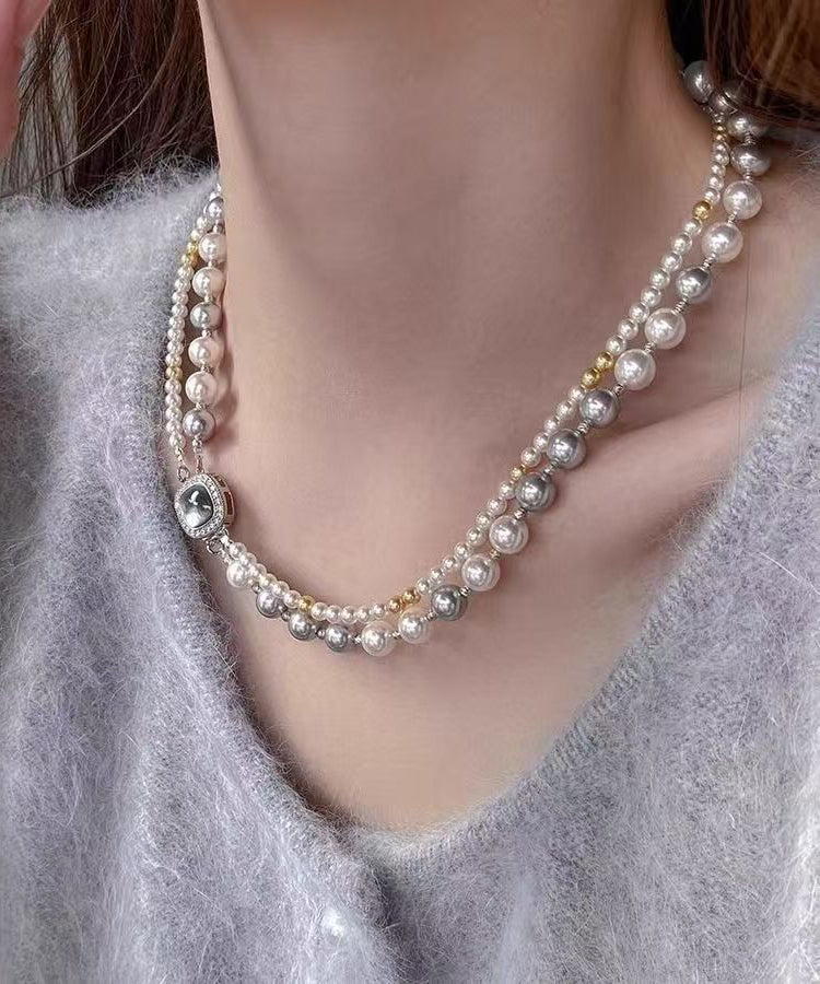 Colorblock Sterling Silver Zircon Double Layer Pearl Square Gratuated Bead Necklace Wq025