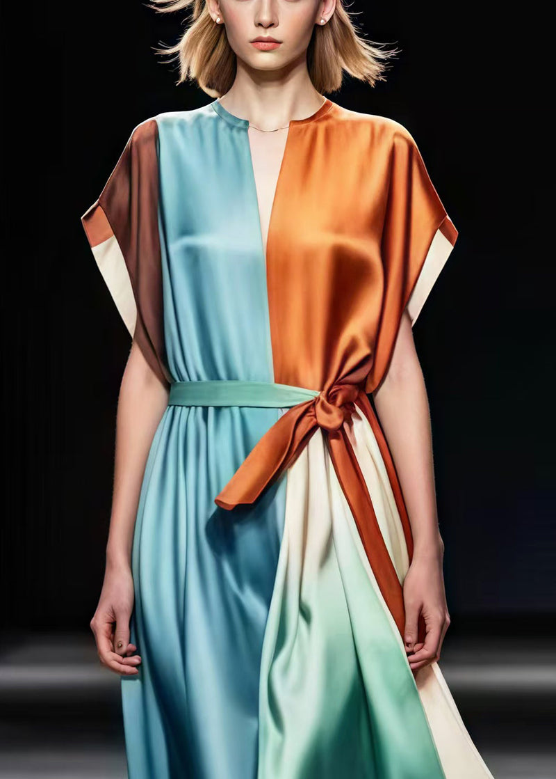 Colorblock Tie Waist Patchwork Silk Vacation Dresses Summer