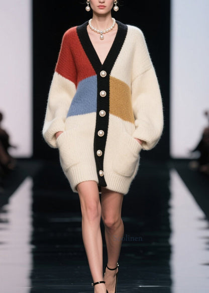 Colorblock V Neck Button Patchwork Knit Cardigan Fall